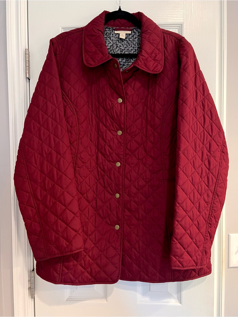 Quilted Barn Coat Jacket Burgundy Red Classic Lightweight Peter Pan Collar XL